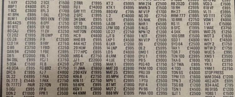 Scanned January 1986 number plate advertisement from The Times