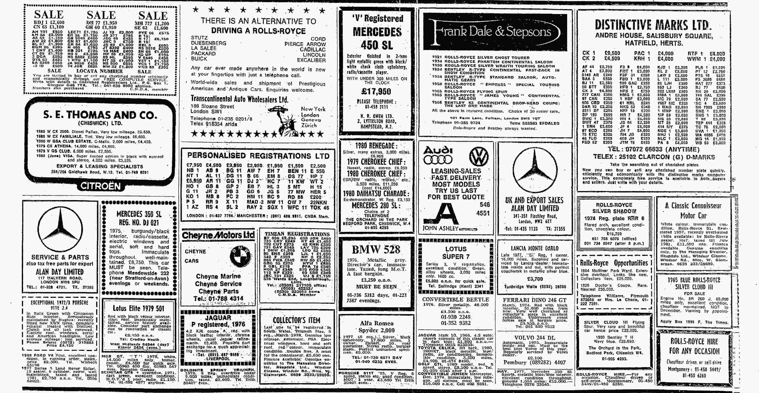 Scanned October 1980 number plate advertisement from The Times