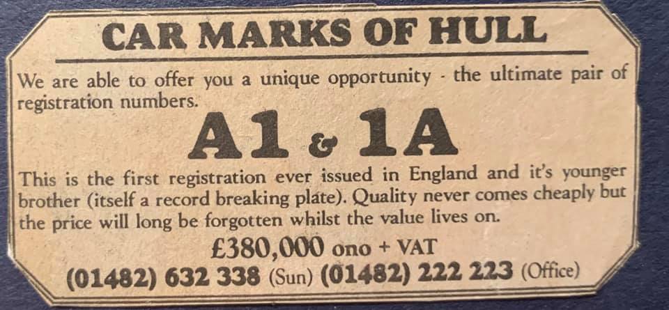 Scanned circa January 1995 advertisement featuring the registrations A 1 and 1 A
