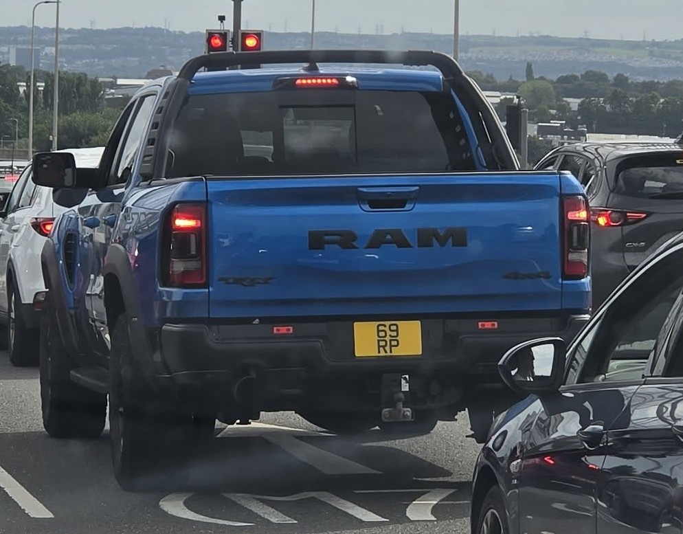 UK Number Plate 69 RP on a 2022 Blue Dodge (Usa) RAM