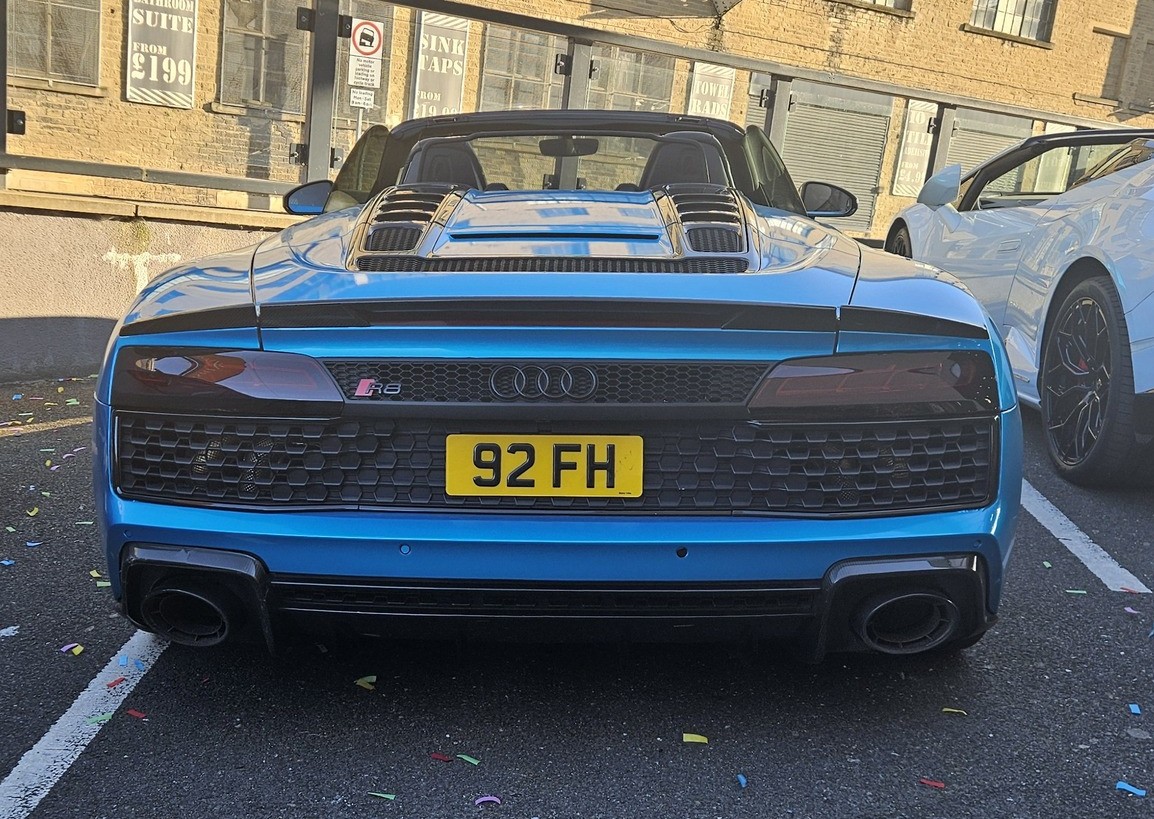 UK Number Plate 92 FH on a 2019 Black Audi R8