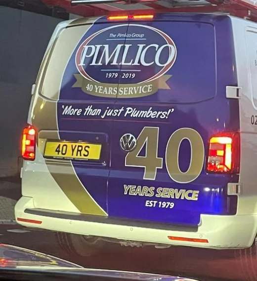40 YRS number plate – Pimlico Plumbers
