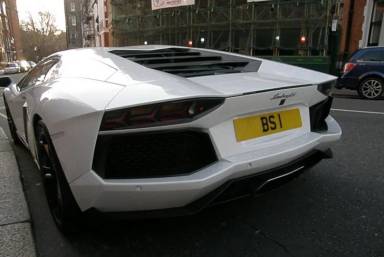 UK Number Plate BS 1 on a White Lamborghini Aventador