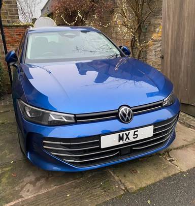 UK Number Plate MX 5 on a 2025 Blue Volkswagen Passat Life Phev S-A
