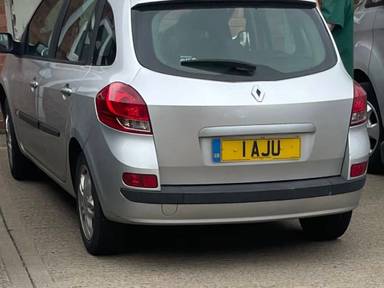 UK Number Plate 1 AJU on a 2008 Silver Renault Clio