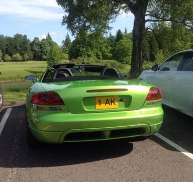 UK Number Plate 1 AK on a 2008 Green Dodge (Usa) Srt-10