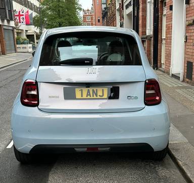 UK Number Plate 1 ANJ on a 2022 Blue Fiat 500e La Prima