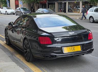 UK Number Plate 1 CE on a 2021 Black Bentley Flying Spur V8 Auto