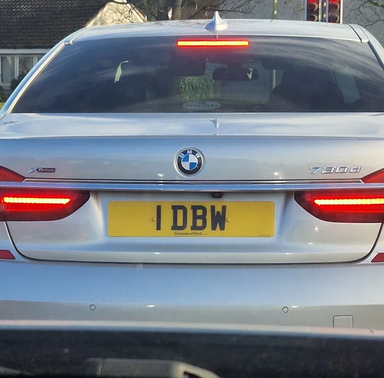 UK Number Plate 1 DBW on a 2015 Silver BMW 730