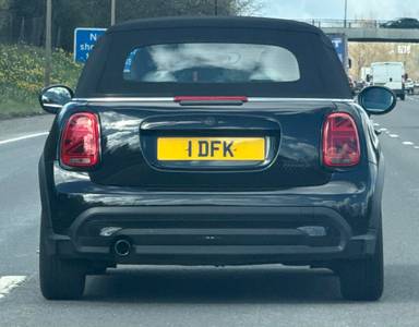 UK Number Plate 1 DFK on a 2022 Black Mini Cooper