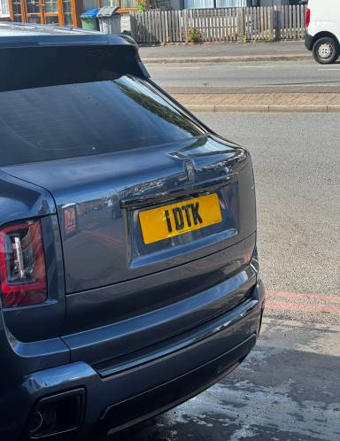 UK Number Plate 1 DTK on a 2025 Grey Rolls Royce Cullinan Black Badge Auto