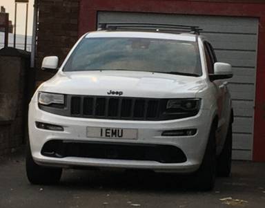UK Number Plate 1 EMU on a 2017 White Jeep Grand Cherokee