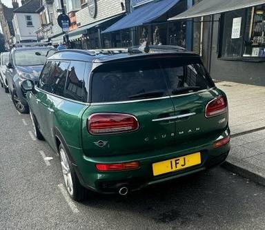 UK Number Plate 1 FJ on a 2019 Green Mini Clubman