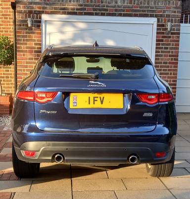 UK Number Plate 1 FV on a 2019 Blue Jaguar F-Pace
