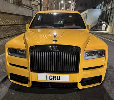 UK Number Plate 1 GRU on a 2020 Yellow Rolls Royce Cullinan Black Badge Auto