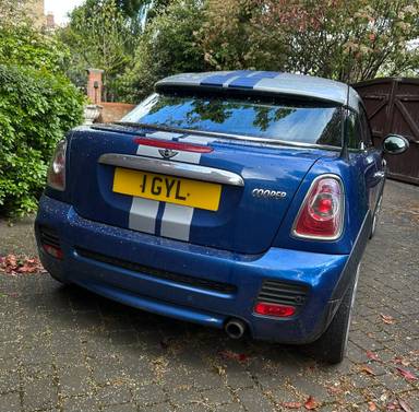 UK Number Plate 1 GYL on a 2012 Blue Mini Mini (R60)