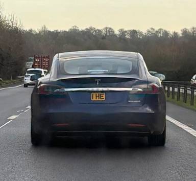 UK Number Plate 1 HE on a 2020 Blue Tesla Model S Perform Ludicrous Awd