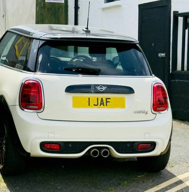 UK Number Plate 1 JAF on a 2018 White Mini Cooper S