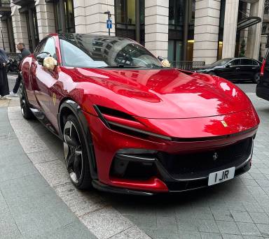 UK Number Plate 1 JR on a 2023 RED Ferrari Purosangue S-A