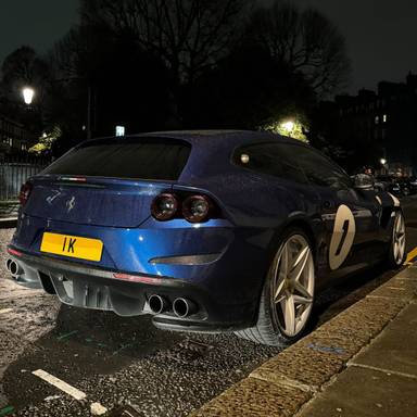 UK Number Plate 1 K on a 2018 Blue Ferrari Gtc4 Lusso T V8