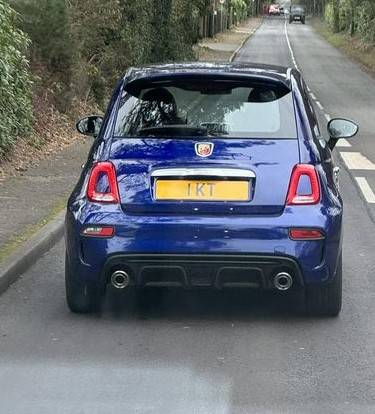 UK Number Plate 1 KT on a 2020 Blue Abarth 595