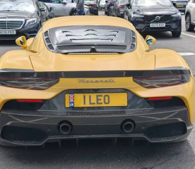 UK Number Plate 1 LEO on a 2022 Yellow Maserati Mc20 S-A