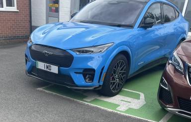 UK Number Plate 1 MD on a 2025 White Ford Mustang Mach-E Gt Awd