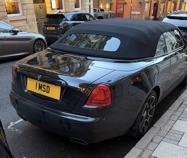 UK Number Plate 1 MSD on a 2019 Black Rolls Royce Dawn