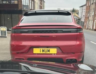 UK Number Plate 1 MUM on a 2024 RED Porsche Cayenne