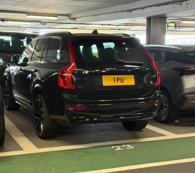 UK Number Plate 1 PU on a 2023 Black Volvo Xc90 Ultimate B5 Mhev Awd Auto