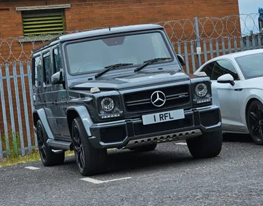 UK Number Plate 1 RFL on a 2017 Green Mercedes-Benz G-Class