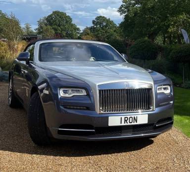 UK Number Plate 1 RON on a 2021 Blue Rolls Royce Dawn