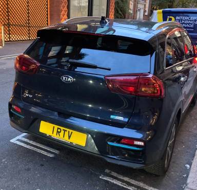 UK Number Plate 1 RTV on a 2020 Blue KIA Niro 4 Ev