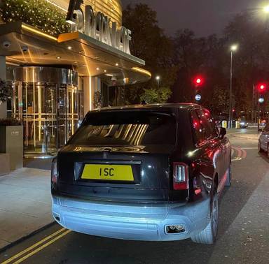 UK Number Plate 1 SC on a 2025 Black Rolls Royce Cullinan V12 Auto
