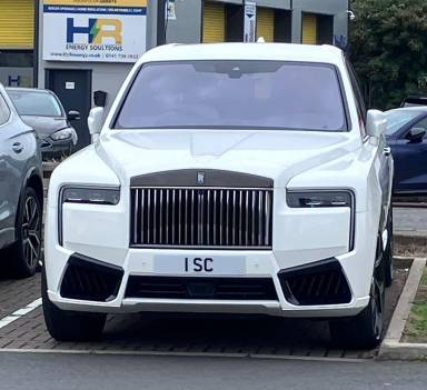 UK Number Plate 1 SC on a 2025 White Rolls Royce Cullinan Black Badge Auto