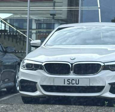 UK Number Plate 1 SCU on a 2019 White BMW 5 Series