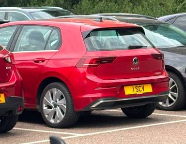 UK Number Plate 1 SCV on a 2025 RED Volkswagen Golf Style Tsi E-Hybrid S-A