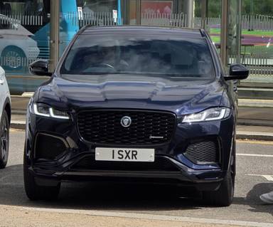 UK Number Plate 1 SXR on a 2023 Blue Jaguar F-Type