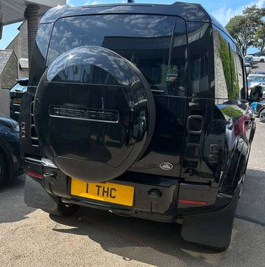 UK Number Plate 1 THC on a 2023 Black Land Rover Defender X-Dynamic Se D Mhev A