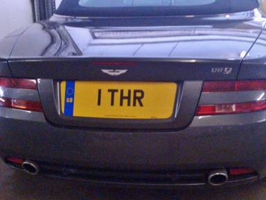 UK Number Plate 1 THR on a 2009 Silver Aston Martin DB9