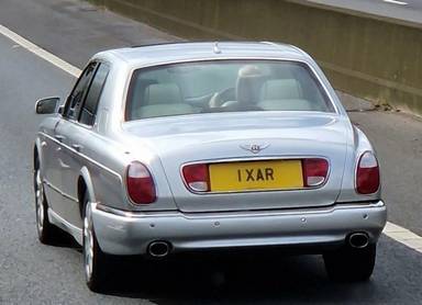 UK Number Plate 1 XAR on a 2006 Silver Bentley Arnage
