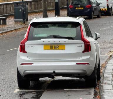 UK Number Plate 111 HR on a 2021 White Volvo Xc90 Inscription B5 Mhev Awd A