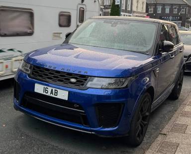 UK Number Plate 16 AB on a 2019 Blue Land Rover Range Rover Sport