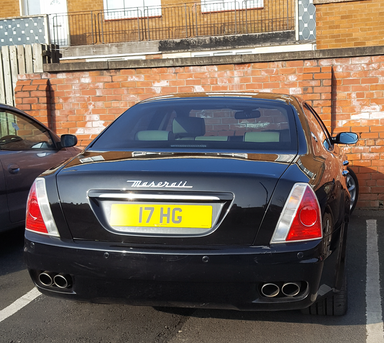 UK Number Plate 17 HG on a 2007 Black Maserati Quattroporte