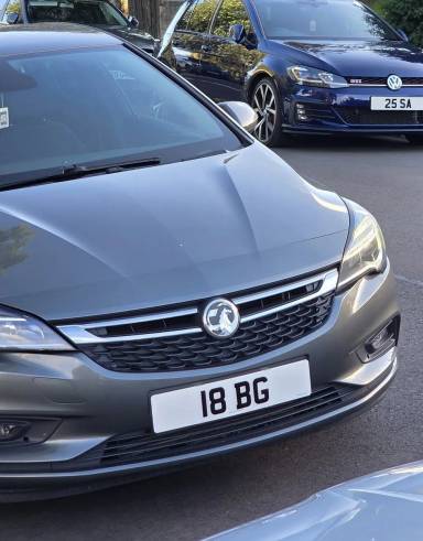UK Number Plate 18 BG on a 2019 Grey Vauxhall Astra
