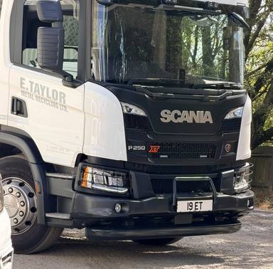 UK Number Plate 19 ET on a 2025 White Scania P250