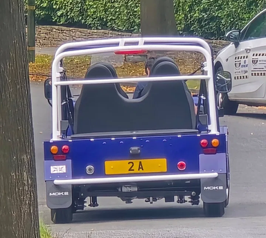 UK Number Plate 2 A on a 2023 Blue Moke Ev1