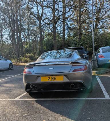 UK Number Plate 2 BE on a 2013 Silver Aston Martin 2 Door Auto Sports Coupe