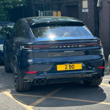UK Number Plate 2 BO on a 2024 Blue Porsche Cayenne