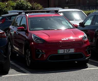 UK Number Plate 2 CP on a 2021 RED KIA Niro 4 + Ev
